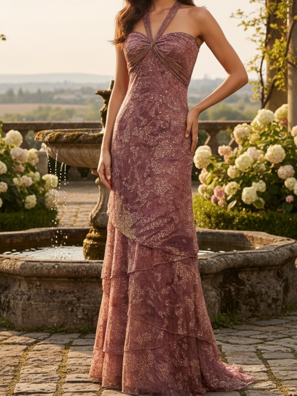 Sparkling hand beaded, layered skirt Mauve Halter Maxi Dress stretch fabric - Picture 4 of 16
